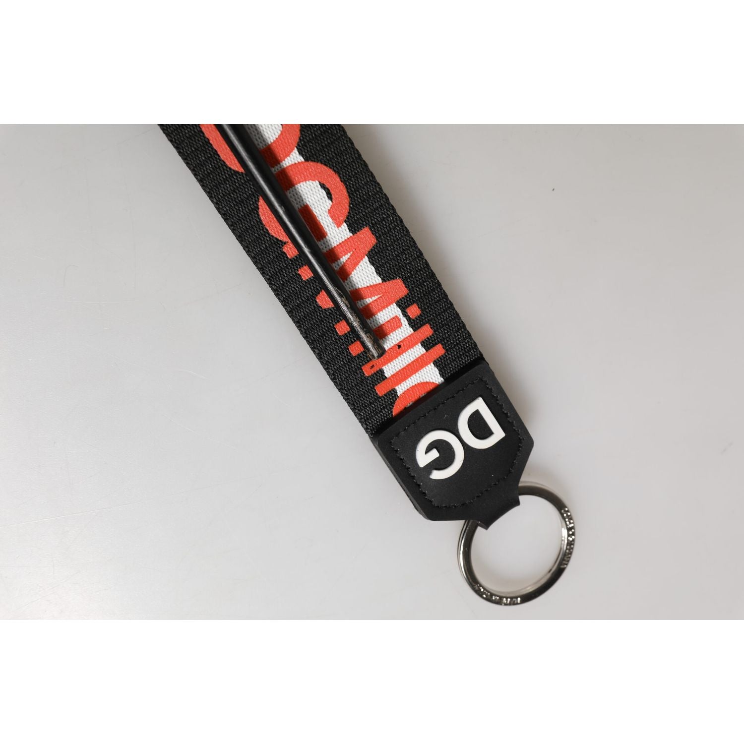 Dolce & Gabbana Black Red Logo Polyester Brass Holder Keychain Keyring