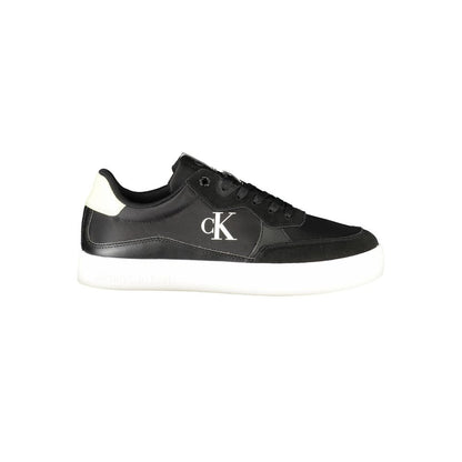 Calvin Klein Black Leather Men Sneaker with iconic logo and removable footbed for personalized comfort. Perfect for modern style.