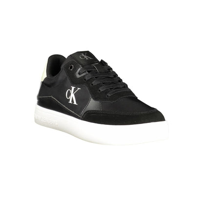 Calvin Klein Black Leather Men Sneaker with iconic logo, sleek design, and removable footbed for personalized comfort.