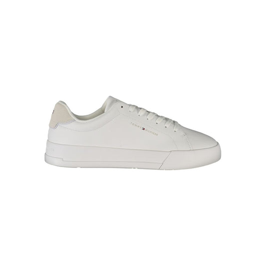 Alt Tag: Tommy Hilfiger White Leather Men Sneaker with grey accents and logo, showcasing sleek design and casual sophistication.
