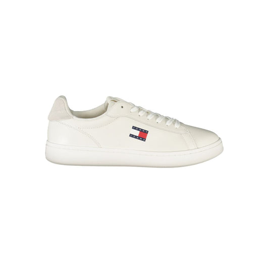 Tommy Hilfiger White Leather Men Sneaker with grey accents and logo, offering classic American style and comfort.
