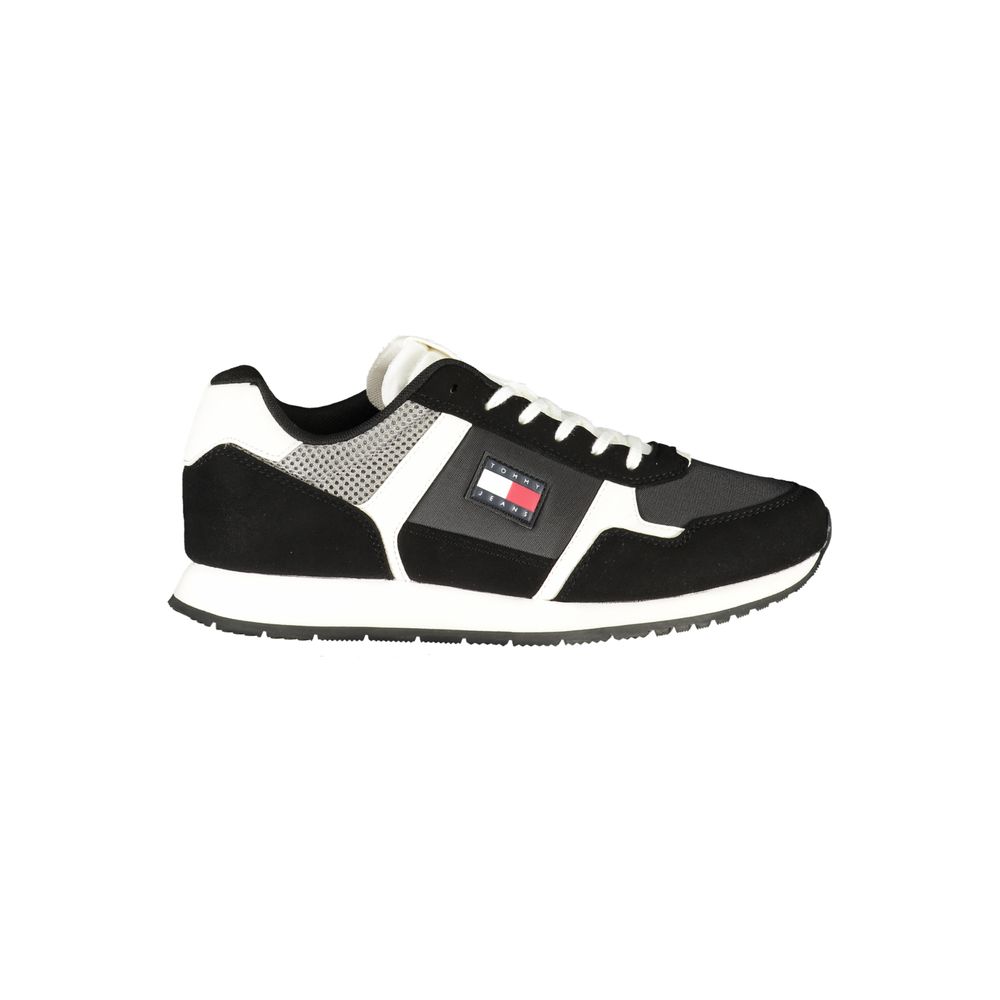 Alt Tag: "Tommy Hilfiger Black Polyester Men Sneaker with logo, athletic design, and removable footbed for comfort."
