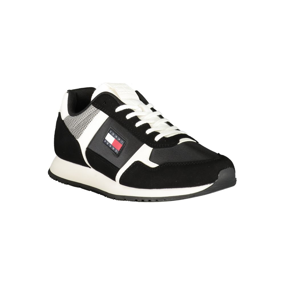 Tommy Hilfiger Black Polyester Men Sneaker with white laces and iconic logo, offering style and comfort for modern trendsetters.