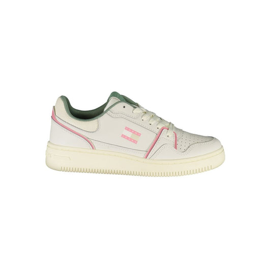 Tommy Hilfiger White Leather Women Sneaker with green and pink accents, sporty chic lace-up design, Tommy Hilfiger logo, comfortable footbed.