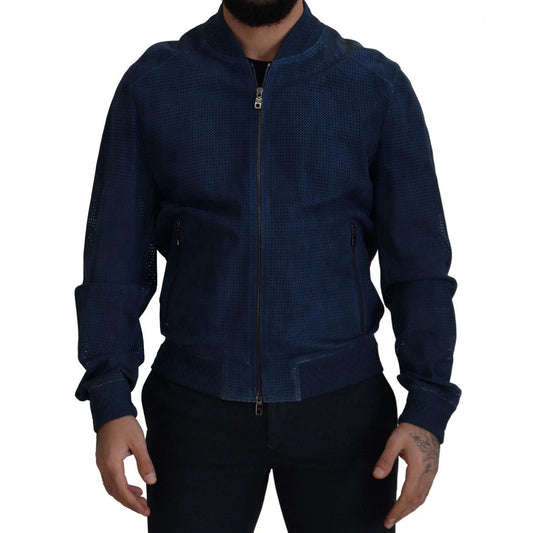 Dolce & Gabbana Blue Leather Perforated Full Zip Jacket JKT3358-54
