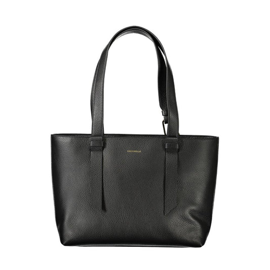 Coccinelle Black Leather Handbag with two shoulder handles, internal pockets, zip closure, protective feet, and logo.