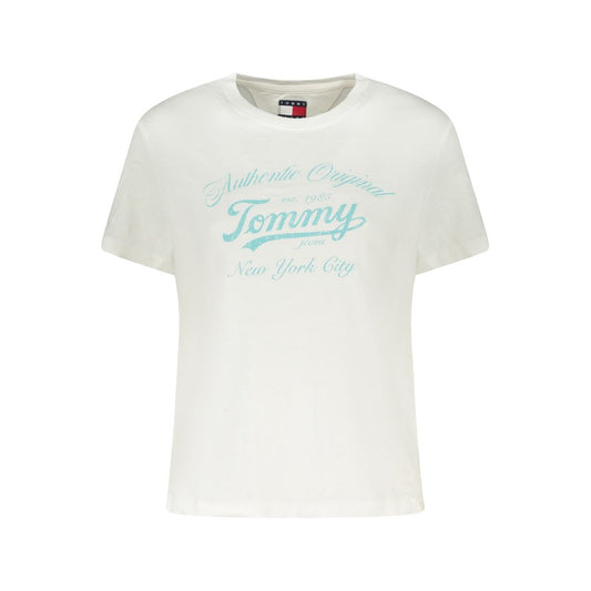 Tommy Hilfiger White Cotton Women T-Shirt with logo print, short-sleeved, sustainable blend of cotton and recycled viscose.