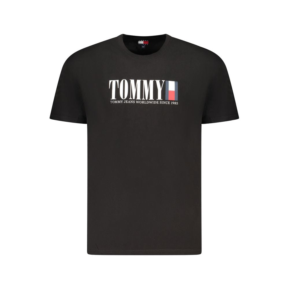 Tommy Hilfiger Black Cotton Men T-Shirt featuring iconic logo print on front, crafted from 95% regenerative cotton for casual elegance.