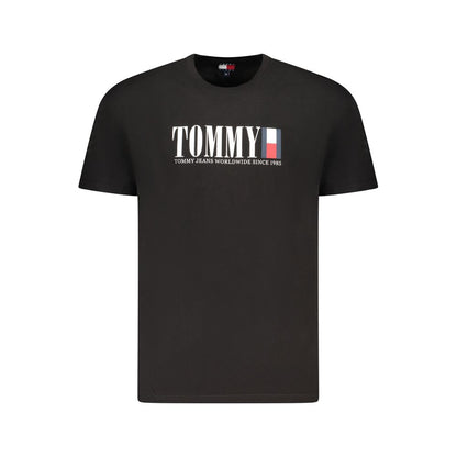 Tommy Hilfiger Black Cotton Men T-Shirt featuring iconic logo print on front, crafted from 95% regenerative cotton for casual elegance.