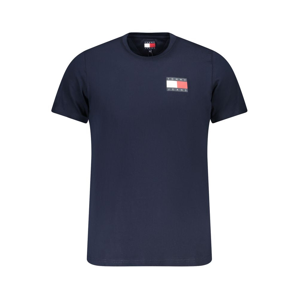 Tommy Hilfiger Blue Cotton Men T-Shirt with logo and eye-catching print, crafted from 95% regenerative cotton for bold style and sustainability.