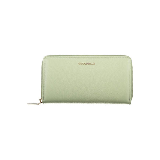 Coccinelle Green Leather Women Wallet, elegant design with five compartments, card spaces, and zip closure, premium leather finish.