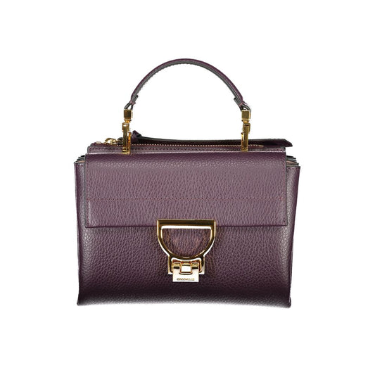 Coccinelle Purple Leather Women Handbag with removable handle and gold hardware, featuring dual compartments and iconic logo.