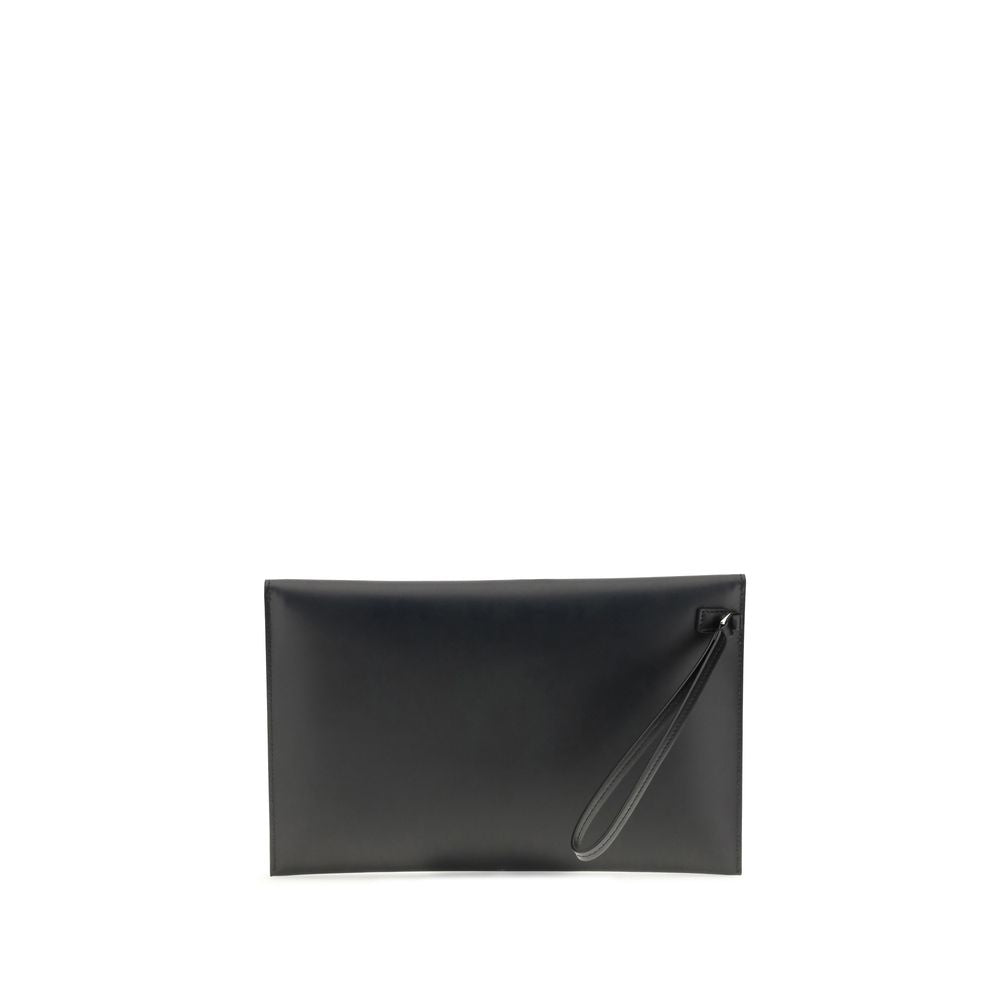 Fendi Black Leather Clutch Bag with snap-button closure and wrist strap, offering stylish functionality and eight card slots for organizing essentials.