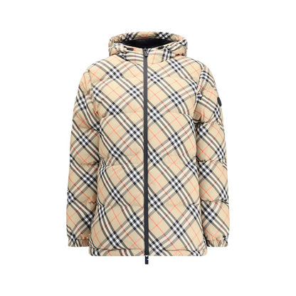 Burberry Beige Polyester Full-Length Jacket with iconic Burberry Check, adjustable hood, double-slider zipper, and side pockets.