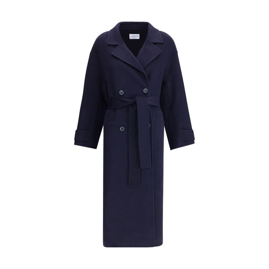 Dynamis Studio Blue Wool Coat, double-breasted, long, with belt, enhances silhouette, front button closure, ideal for any occasion