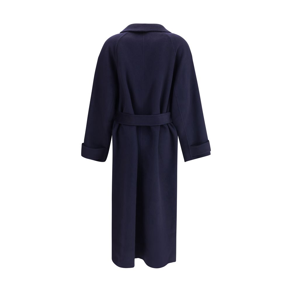 Back view of Dynamis Studio Blue Wool Coat with belt and classic lapels, highlighting its long silhouette and versatile style.