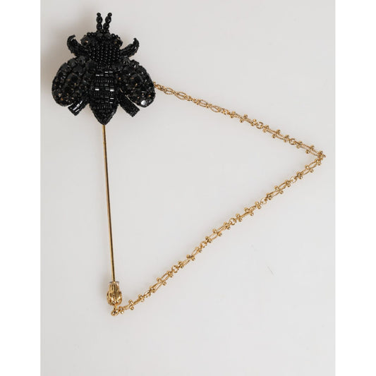 Dolce & Gabbana Lapel Pin Gold Brass Black Crystal Bee Accessories Brooch with intricate design and luxurious materials.