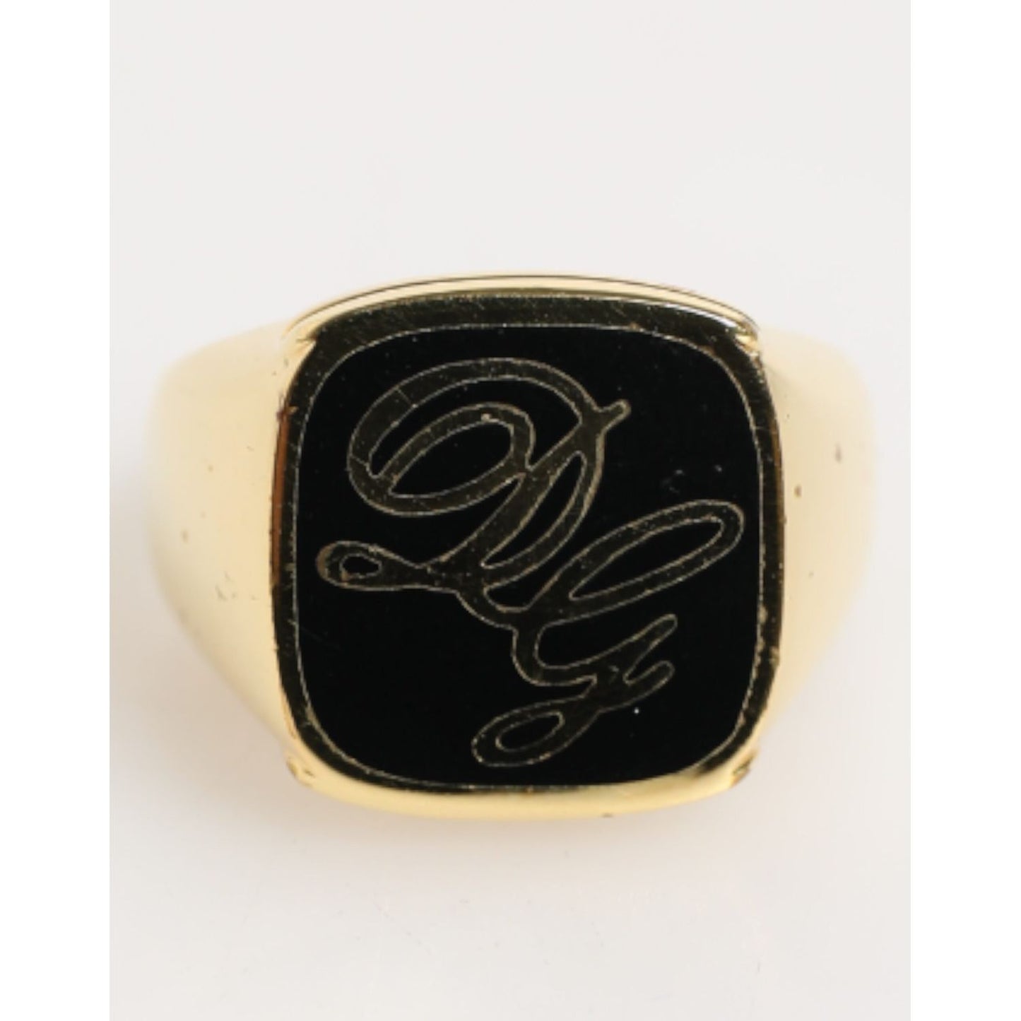 Dolce & Gabbana Gold Tone Enamel Brass Signet DG Logo Adjustable Ring with engraved logo on black enamel face.