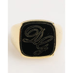 Dolce & Gabbana Gold Tone Enamel Brass Signet DG Logo Adjustable Ring with engraved logo on black enamel face.
