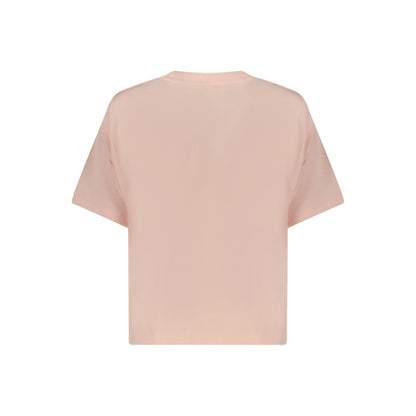 Back view of Guess Jeans Pink Cotton Women T-Shirt showcasing short sleeves and boxy silhouette.