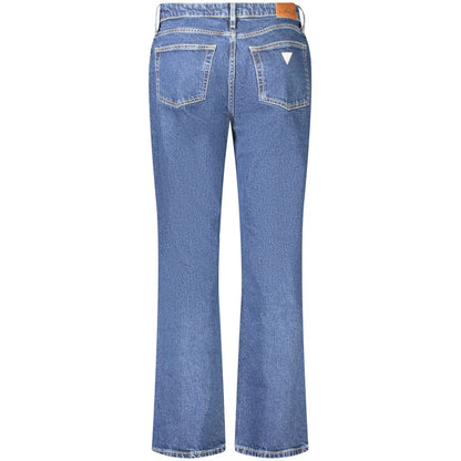 Back view of Guess Jeans Blue Cotton Women Jeans with logo detail, showcasing stylish and comfortable mid-rise straight design.