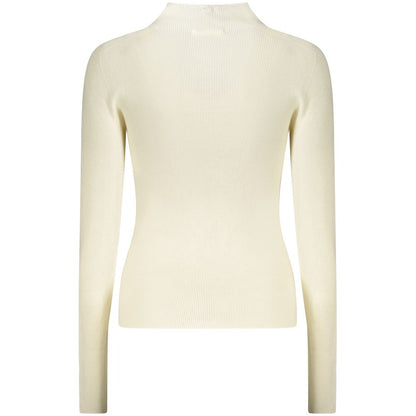 Back view of Guess Jeans White Wool Women Sweater with high neck and rhinestone embellishments.