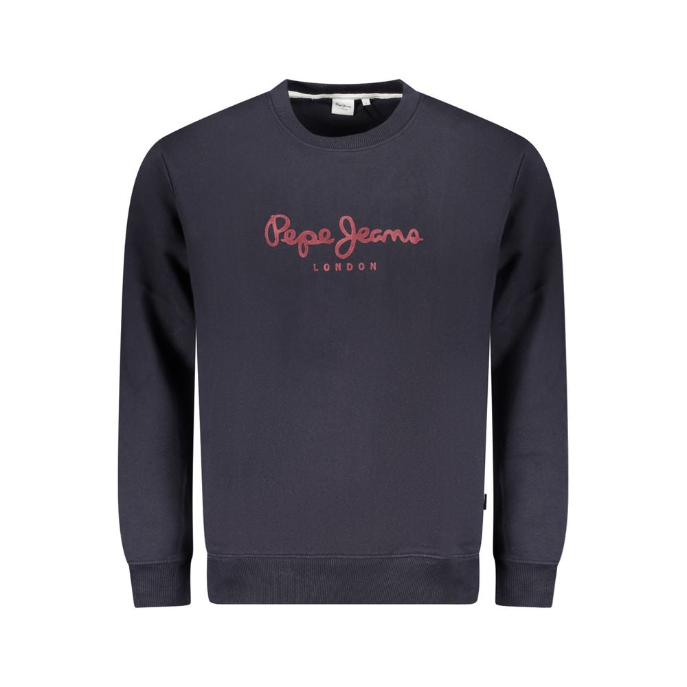 Pepe Jeans Blue Cotton Men Sweater with logo on navy crew neck, sustainable cotton blend, perfect for cooler days and stylish look.