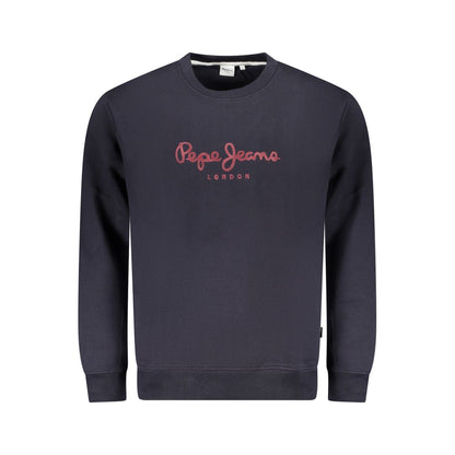 Pepe Jeans Blue Cotton Men Sweater with logo on navy crew neck, sustainable cotton blend, perfect for cooler days and stylish look.