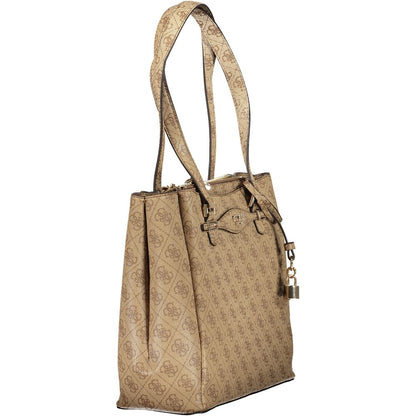 Alt Tag: Guess Jeans Beige Polyethylene Women Handbag with trio of external pockets and secure zip closure, offers style and functionality.