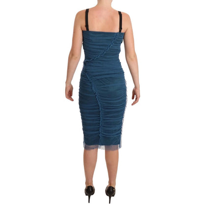 Dolce & Gabbana Blue Mesh Trim Ruched Tulle Sheath Dress