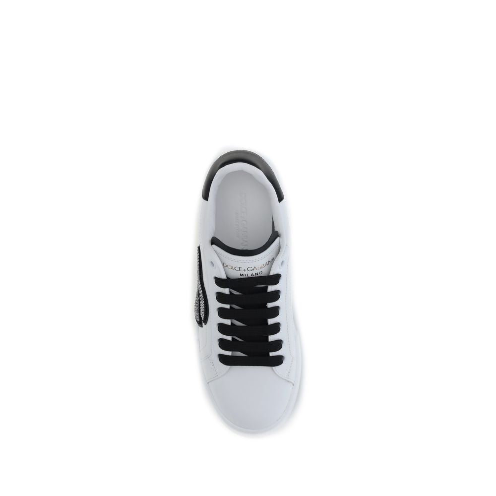 Top view of Dolce & Gabbana White Calf Leather Bos Taurus Low Top Sneakers with black laces and cushioned interior.