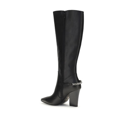 PINKO Black Nylon Boots with chain detail, side zipper, and asymmetric heel for modern style.