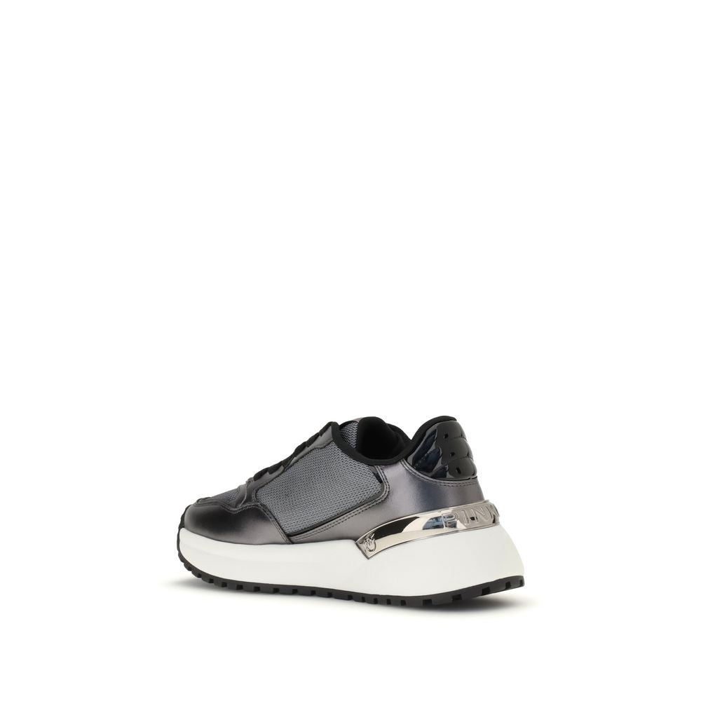 PINKO Gray Fabric Low Top Sneakers with glitter design, almond toe, leather insole, and durable rubber sole, rear angle view.