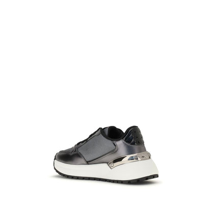 PINKO Gray Fabric Low Top Sneakers with glitter design, almond toe, leather insole, and durable rubber sole, rear angle view.