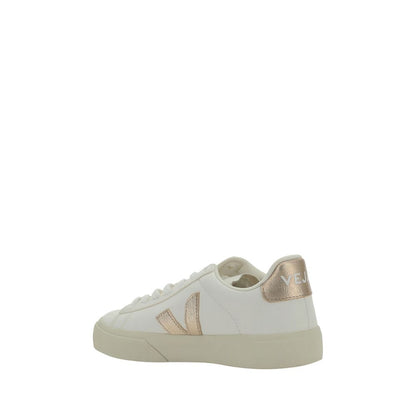 Veja White Calf Leather Bos Taurus Low Top Sneakers with contrasting gold details and iconic brand logo on sides and heel.
