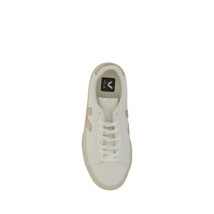 Veja White Calf Leather Bos Taurus Low Top Sneakers with contrast panels and Veja logo, top view of lace-up sneaker, AW25 collection.