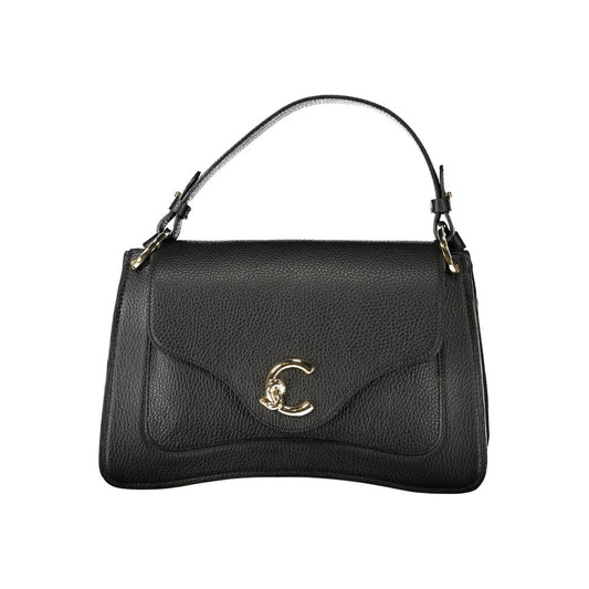 Coccinelle Black Leather Handbag with adjustable shoulder strap, two compartments, internal pockets, and automatic closure.