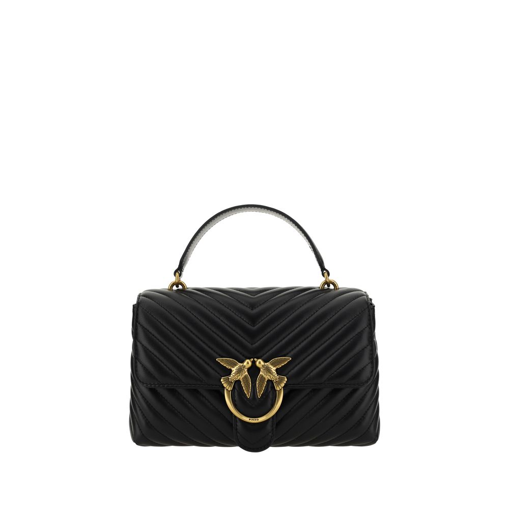PINKO Love Lady Handbag in black calfskin with gold-plated Love Birds logo, quilted design, chain strap, top handle, AW25 collection.