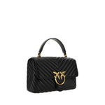 PINKO Love Lady Handbag in black calfskin with gold Love Birds logo and quilted design, features chain strap and button closure.