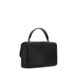 PINKO Love Lady Handbag in black calfskin, featuring quilted design, gold Love Birds logo, and top handle. Elegant AW25 accessory.