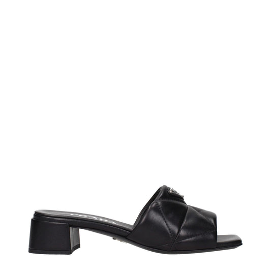 Prada Black Leather Sandals with front logo and stylish design.