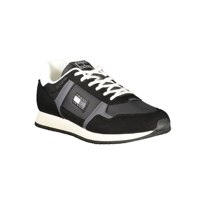 Tommy Hilfiger Black Polyester Men Sneaker with bold contrasting details and iconic logo, offering comfort with a removable footbed.