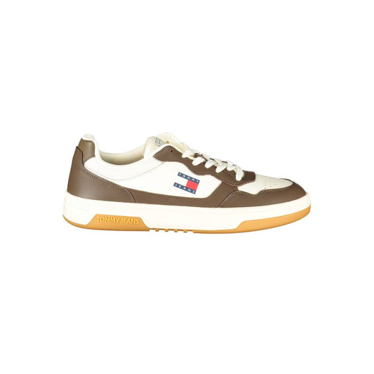 Tommy Hilfiger White Leather Men Sneaker with brown accents and logo, featuring removable footbed for comfort. Stylish and trendy men's footwear.