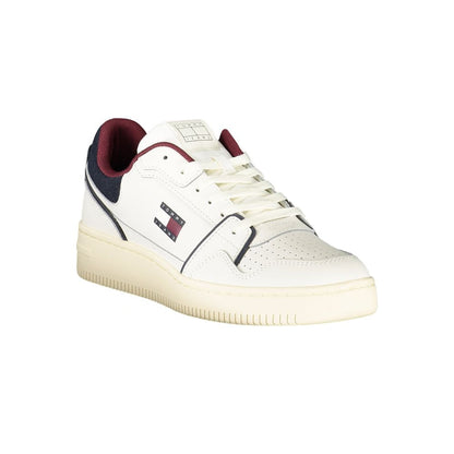 Tommy Hilfiger White Leather Men Sneaker with iconic logo and stylish contrasting details, offering comfort and sleek design.