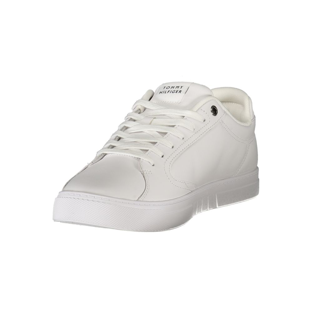 Tommy Hilfiger White Leather Men Sneaker with removable footbed and logo, perfect for fashion-forward individuals.