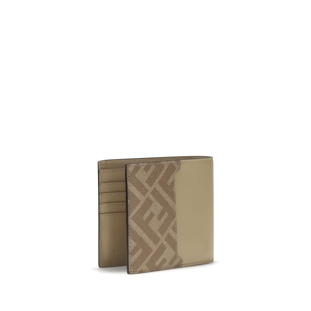 Fendi Beige Calf Leather Bos Taurus Wallet with FF motif, bifold design featuring 8 card slots and palladium finish for refined style.
