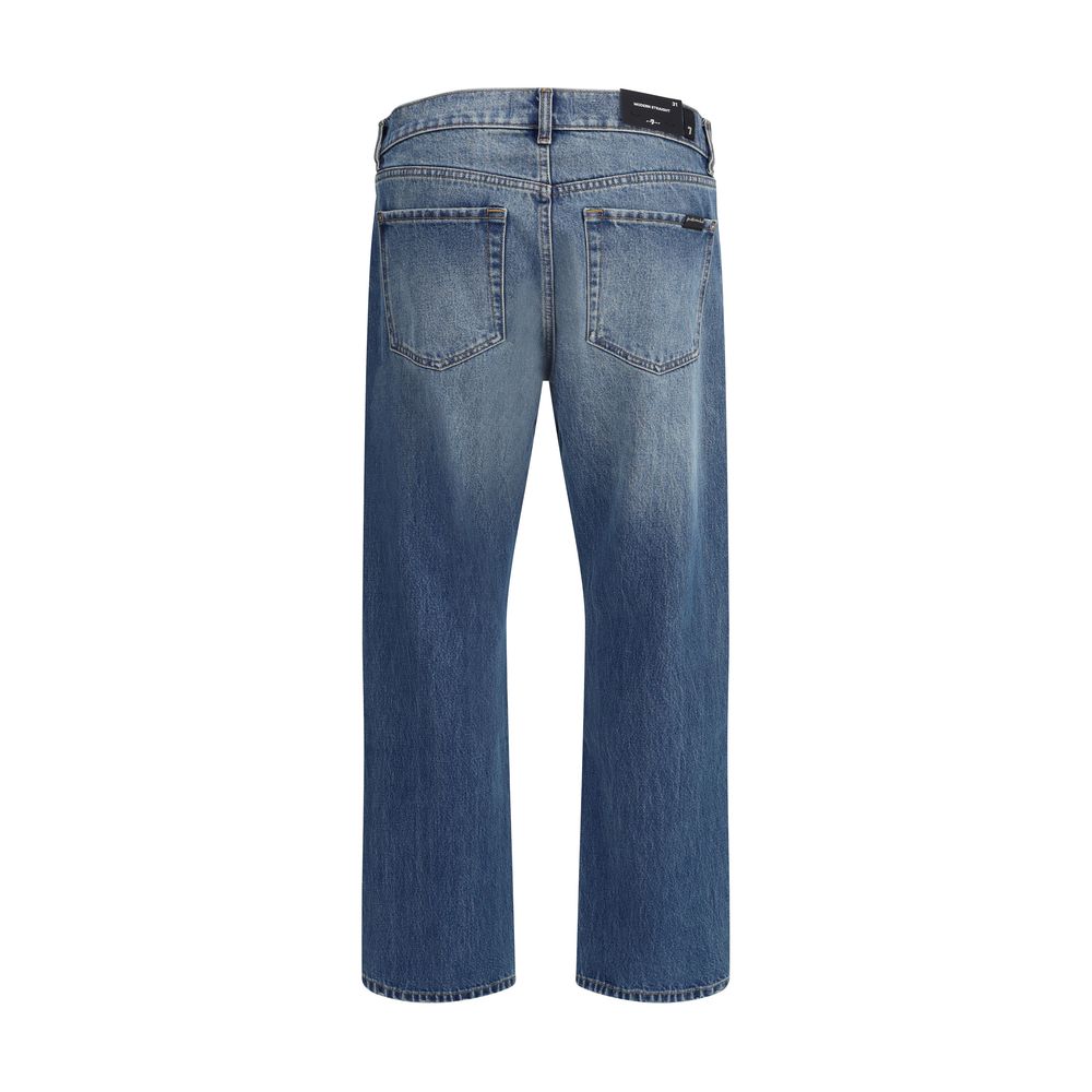 Back view of 7FOR Blue Cotton Straight-Leg Jeans showcasing straight-leg design and belt loops.