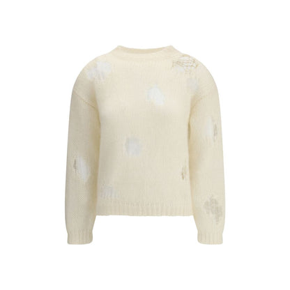 Fabiana Filippi Cream Mohair Sweatshirt with ribbed cuffs and boat neckline, featuring bold all-over rips and elegant design.