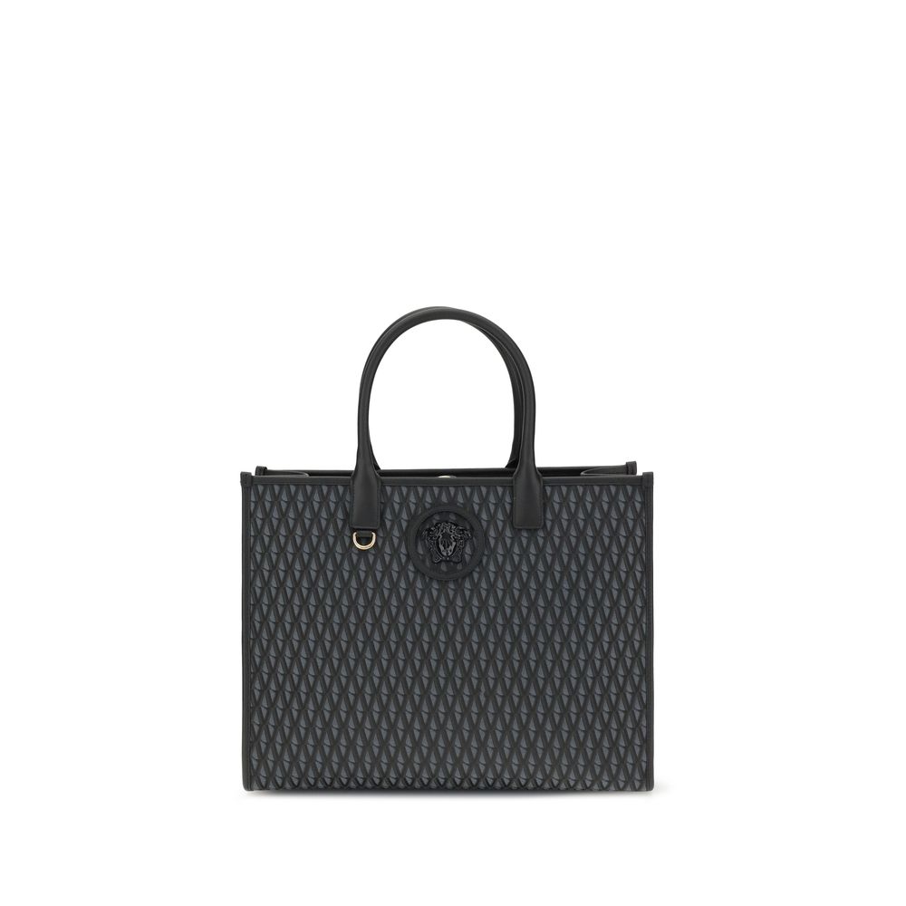 Versace La Medusa Tote Bag with V pattern and La Medusa emblem, featuring double handles and leather feet for protection
