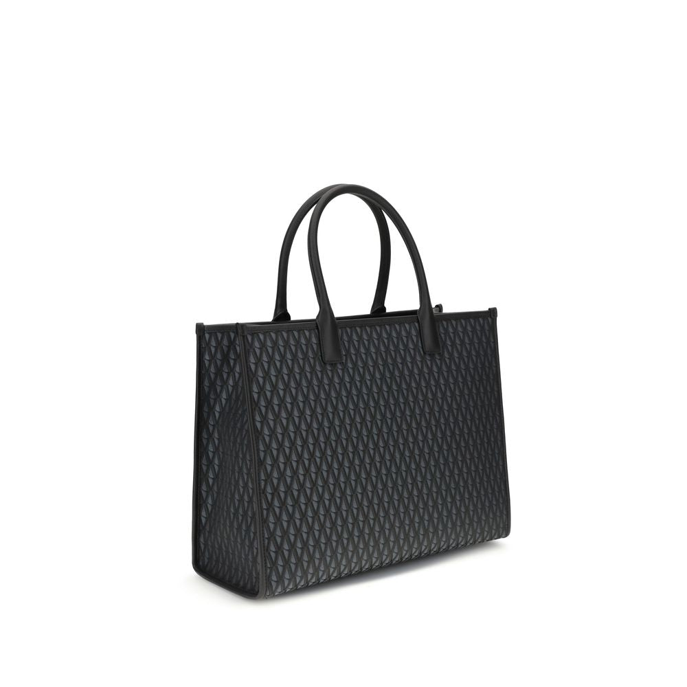 Versace La Medusa Tote Bag with Allover V Pattern and double handles, showcasing elegant and structured design.
